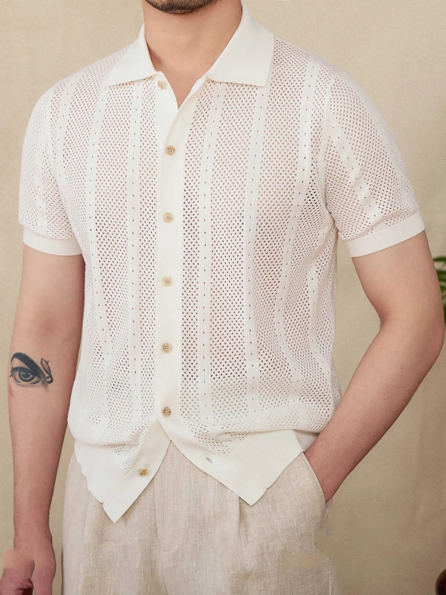 Men's short sleeve lapel cardigan with striped pattern in cotton fabric