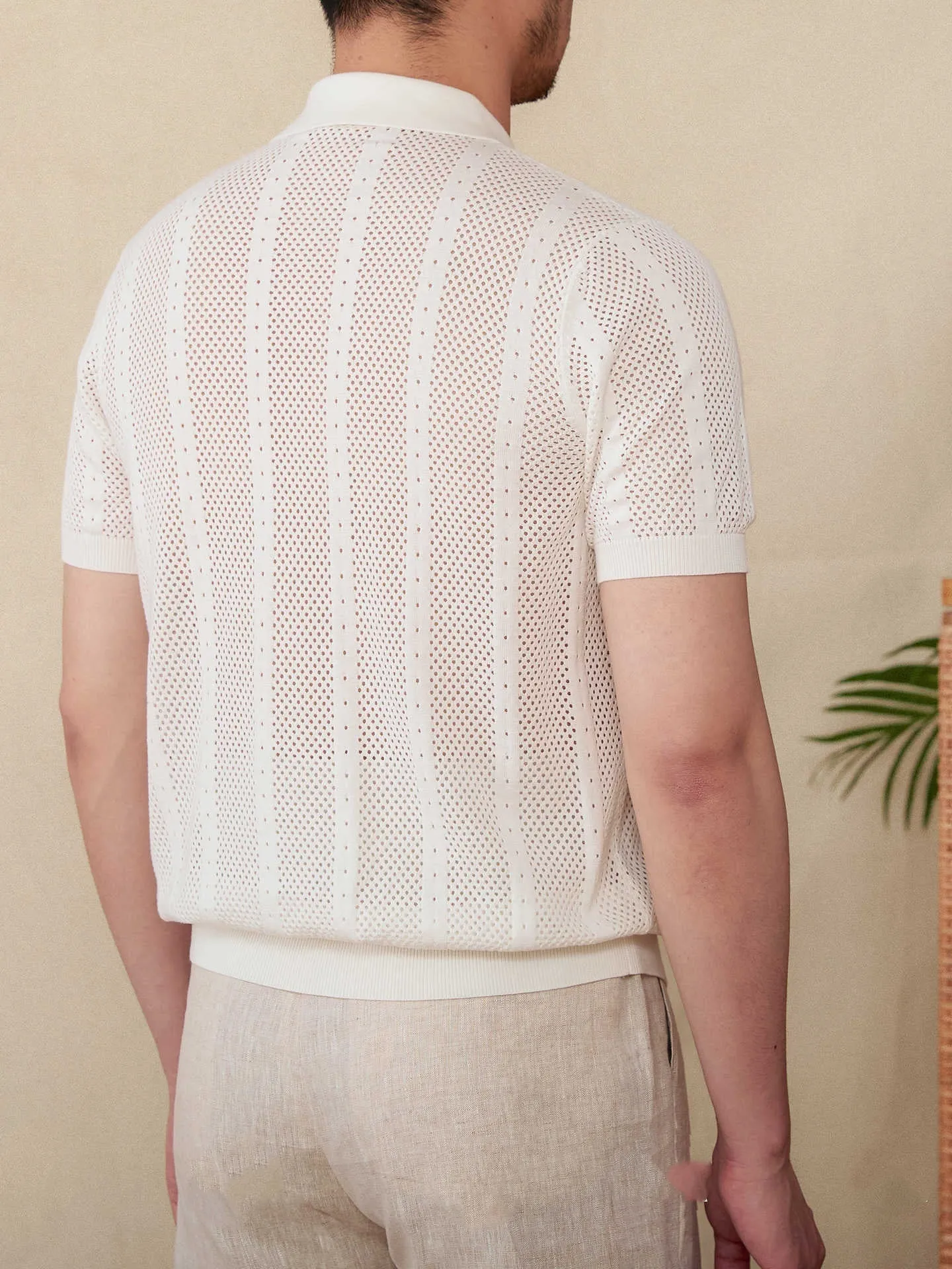 Men's short sleeve lapel cardigan with striped pattern in cotton fabric