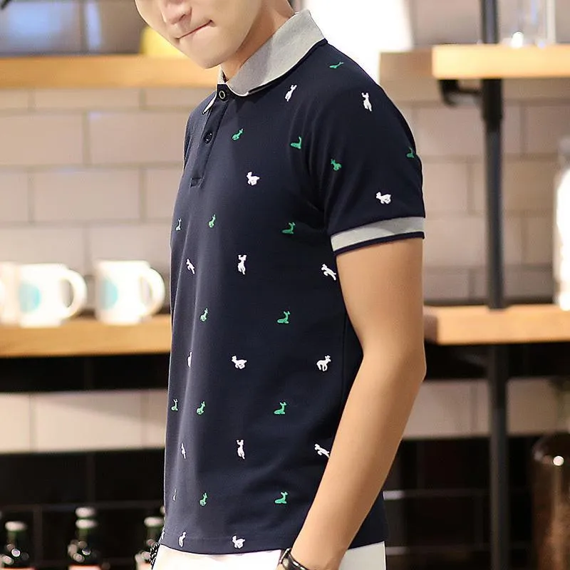 Men's short sleeve polo t-shirt with fawn print and lapel collar in white