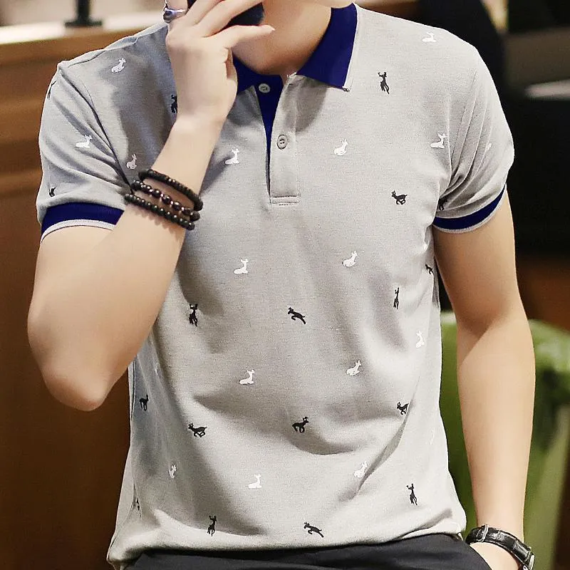 Men's short sleeve polo t-shirt with fawn print and lapel collar in white