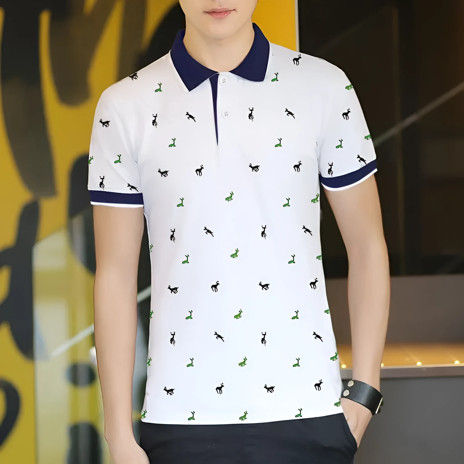 Men's short sleeve polo t-shirt with fawn print and lapel collar in white