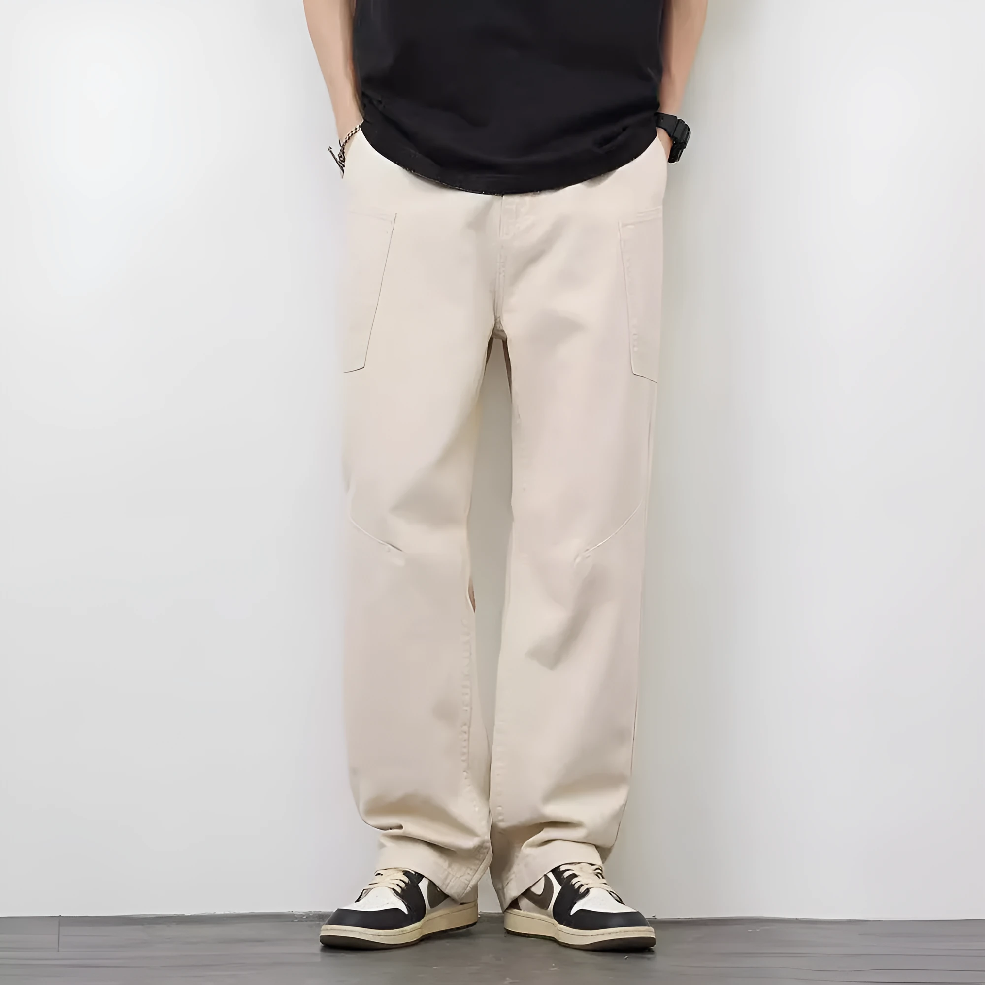 Loose-fit cotton cargo trousers in apricot with large side pockets