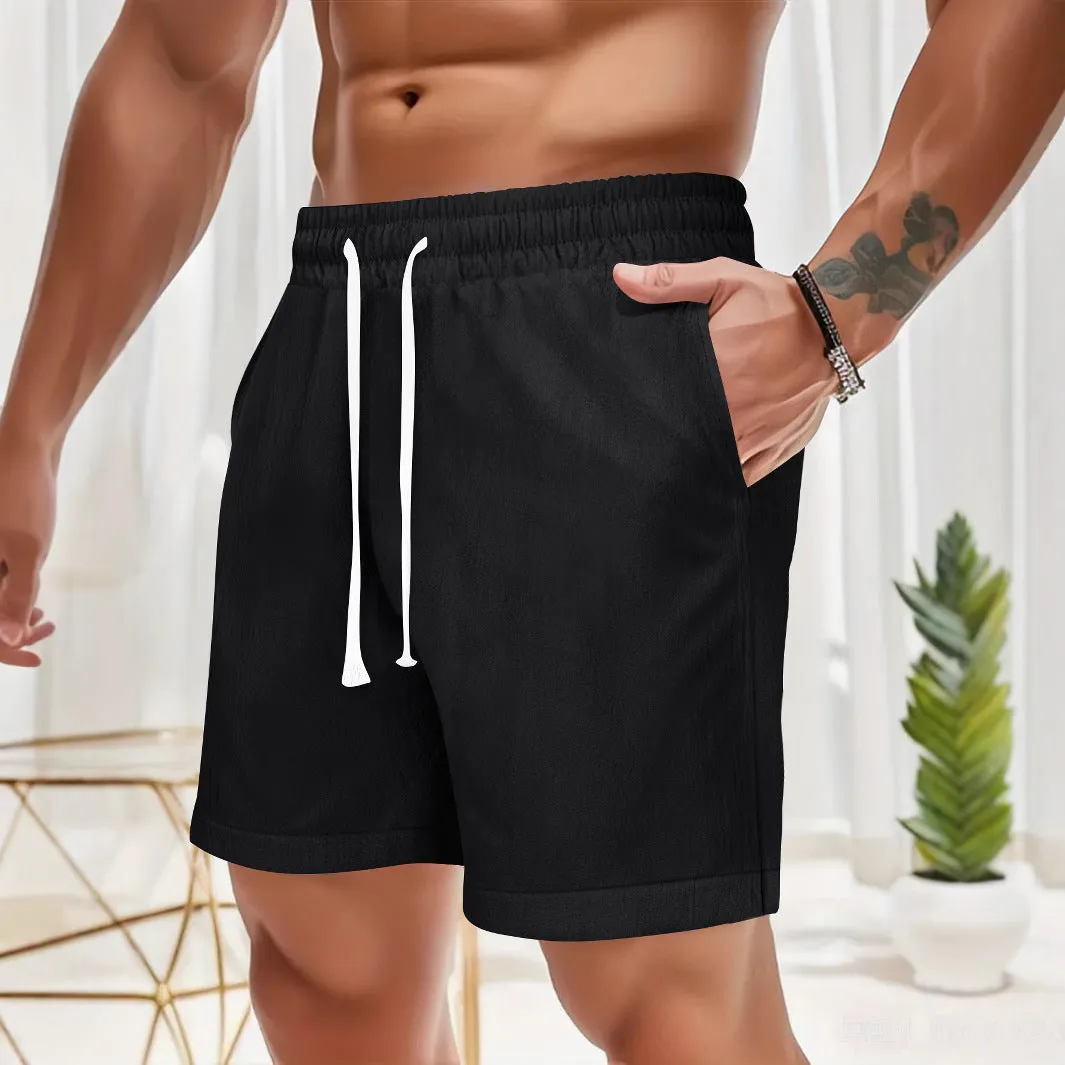 Summer men's loose lace-up sports casual shorts in khaki colour, straight leg linen feel polyester fabric