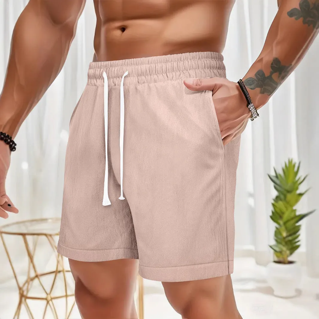 Summer men's loose lace-up sports casual shorts in khaki colour, straight leg linen feel polyester fabric