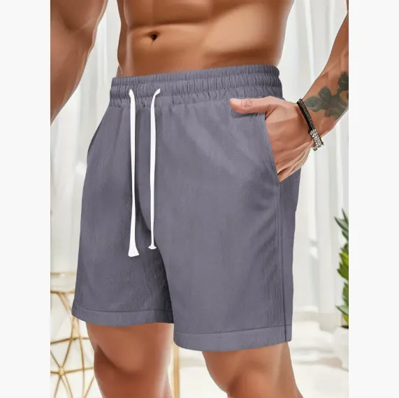 Summer men's loose lace-up sports casual shorts in khaki colour, straight leg linen feel polyester fabric