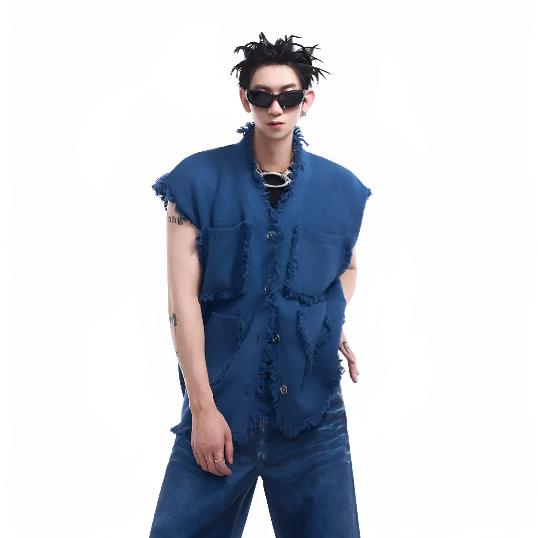 Men's special-interest design V-neck sweater vest coat in autumn Korean style, blue, front view