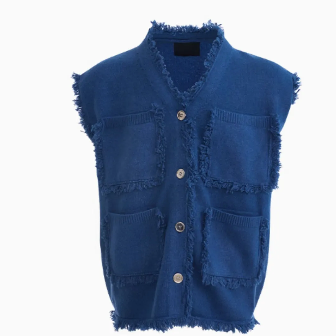 Men's special-interest design V-neck sweater vest coat in autumn Korean style, blue, front view