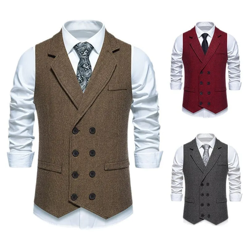 Men's herringbone tweed suit vest with double-breasted retro lapels, slim fit, pleated patch pockets, solid colour, straight hem