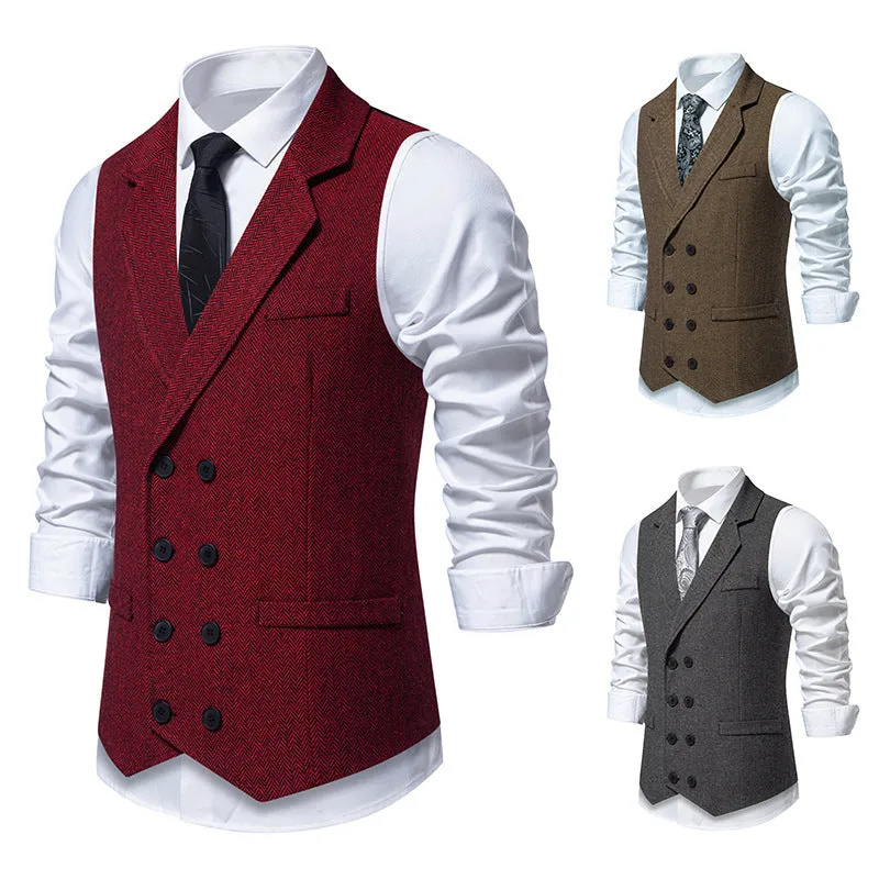 Men's herringbone tweed suit vest with double-breasted retro lapels, slim fit, pleated patch pockets, solid colour, straight hem