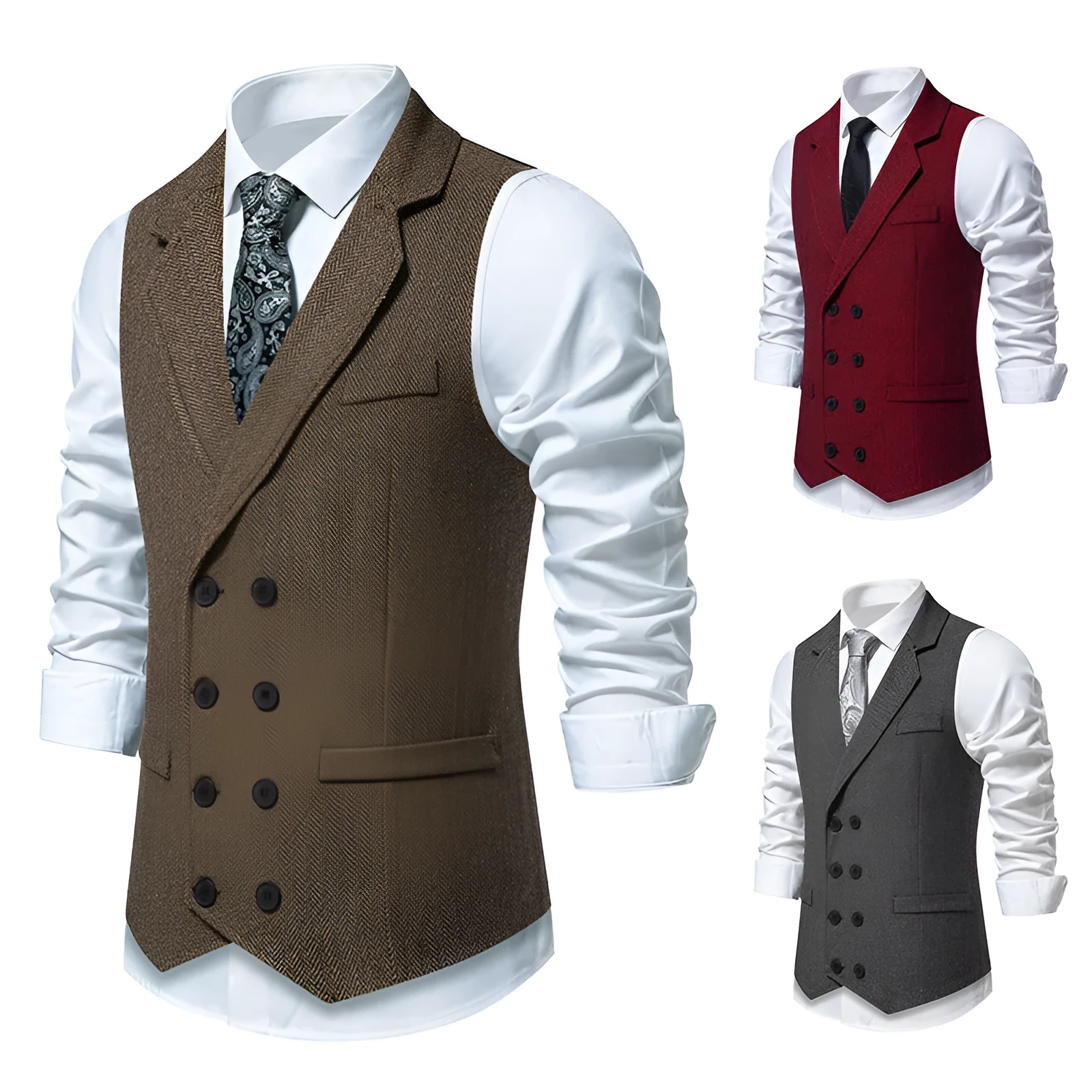 Men's herringbone tweed suit vest with double-breasted retro lapels, slim fit, pleated patch pockets, solid colour, straight hem