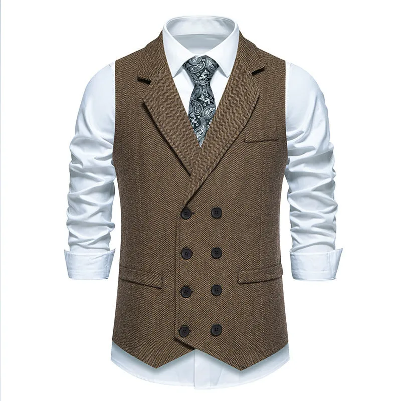 Men's herringbone tweed suit vest with double-breasted retro lapels, slim fit, pleated patch pockets, solid colour, straight hem