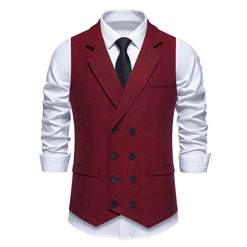 Men's herringbone tweed suit vest with double-breasted retro lapels, slim fit, pleated patch pockets, solid colour, straight hem