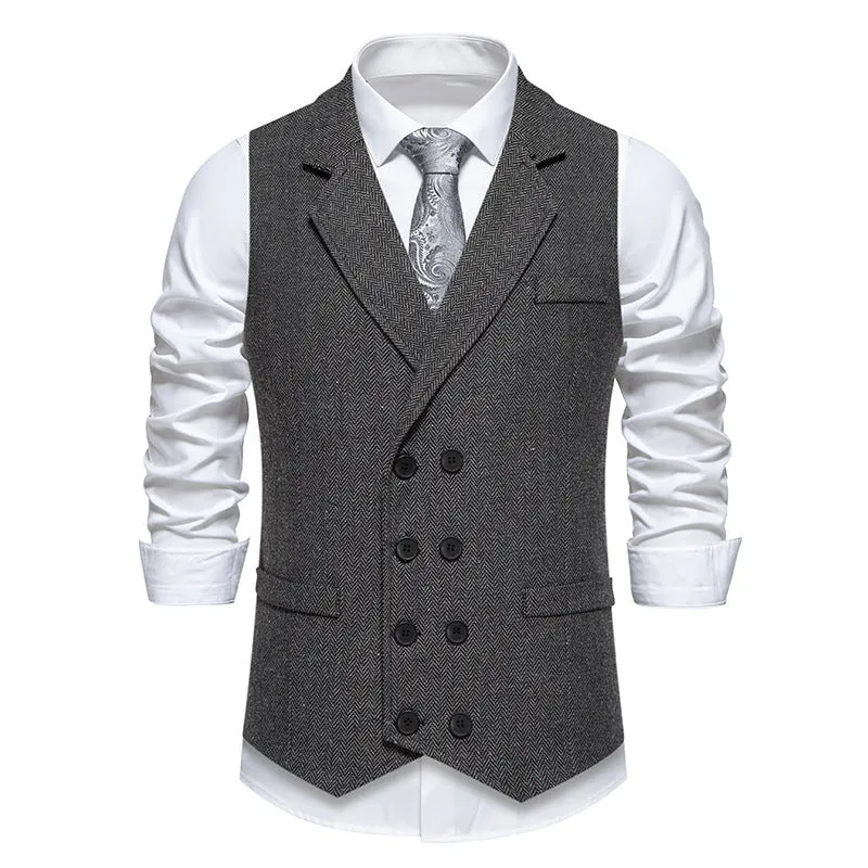 Men's herringbone tweed suit vest with double-breasted retro lapels, slim fit, pleated patch pockets, solid colour, straight hem