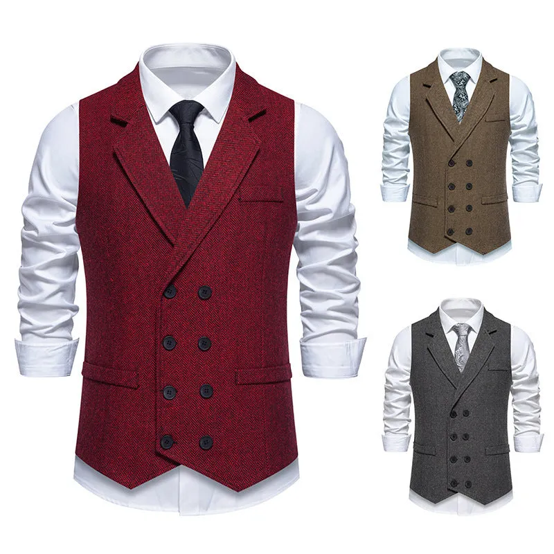 Men's herringbone tweed suit vest with double-breasted retro lapels, slim fit, pleated patch pockets, solid colour, straight hem