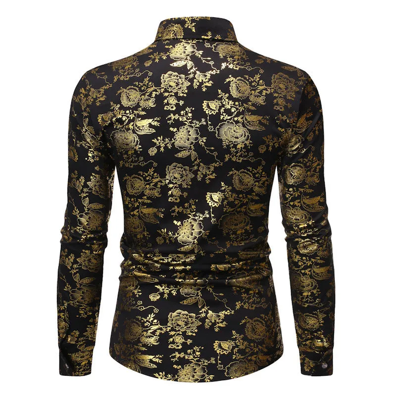 Men's wine red cardigan shirt with a detailed bronzing pattern, shown on a model.