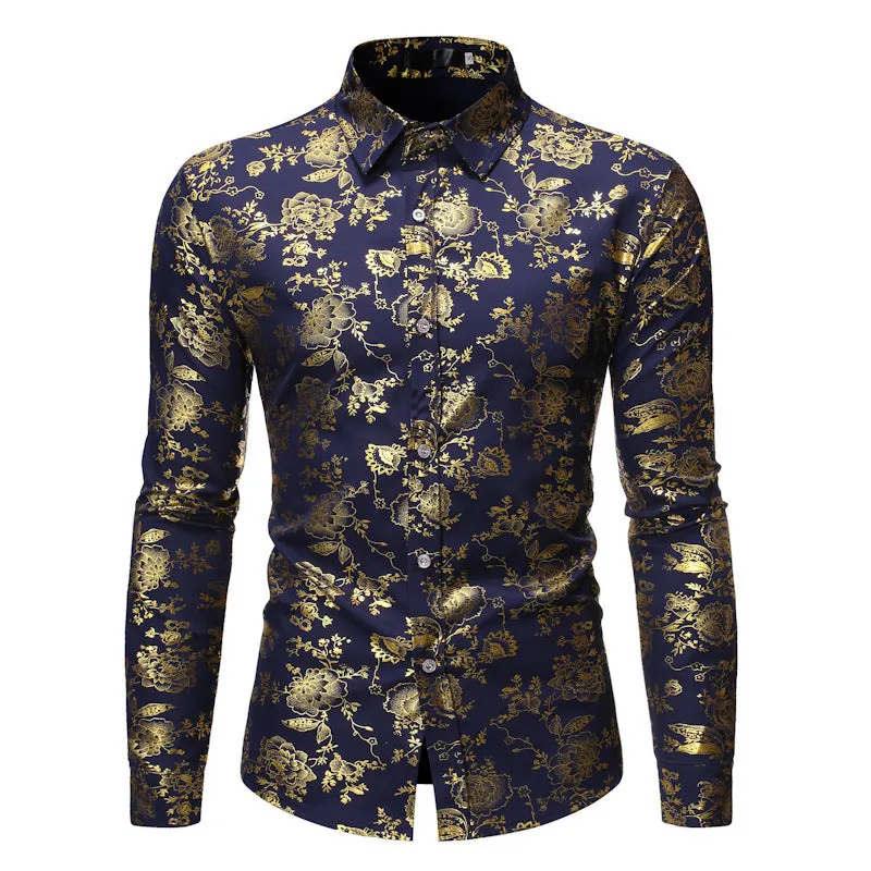 Men's wine red cardigan shirt with a detailed bronzing pattern, shown on a model.