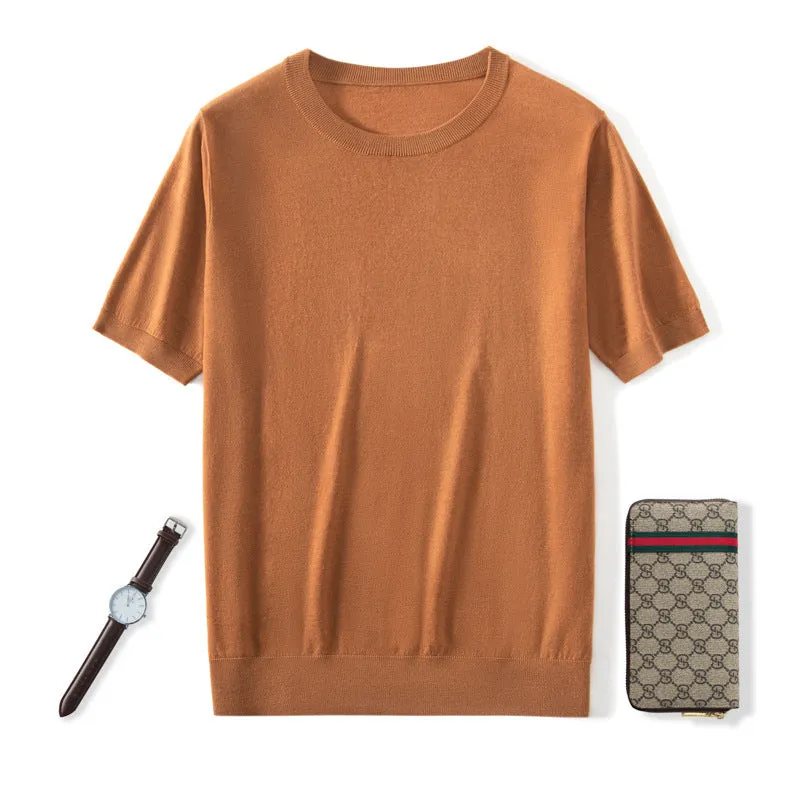 Men's thin knitted wool short sleeve casual shirt in loose fit design