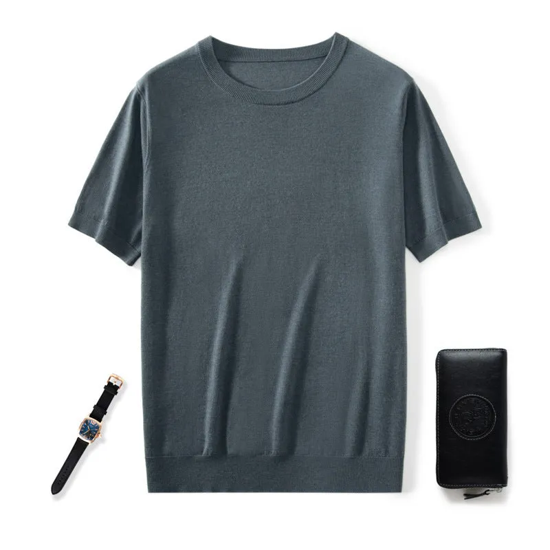 Men's thin knitted wool short sleeve casual shirt in loose fit design