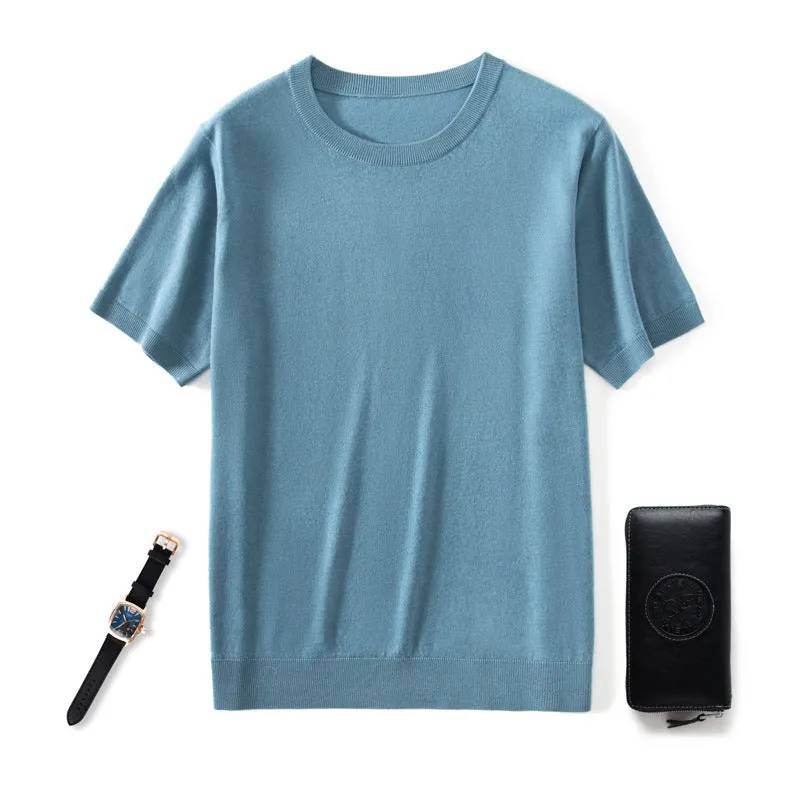 Men's thin knitted wool short sleeve casual shirt in loose fit design