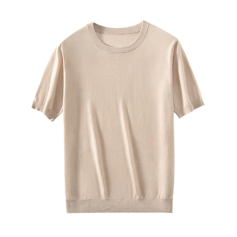 Men's thin knitted wool short sleeve casual shirt in loose fit design