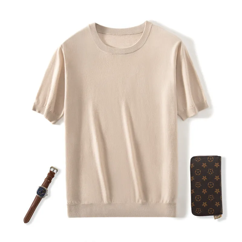 Men's thin knitted wool short sleeve casual shirt in loose fit design