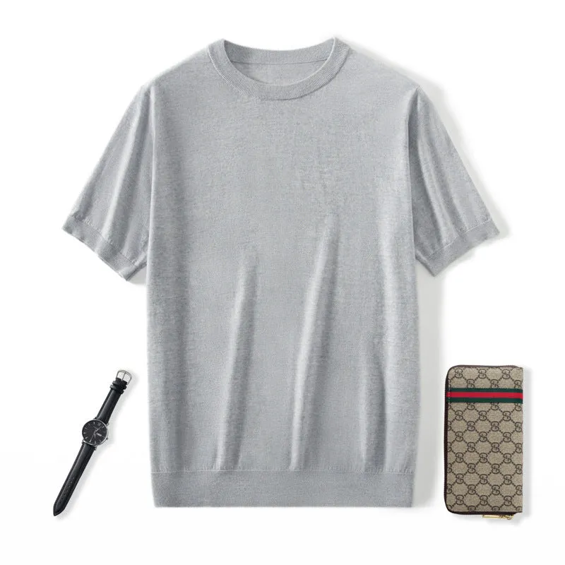 Men's thin knitted wool short sleeve casual shirt in loose fit design