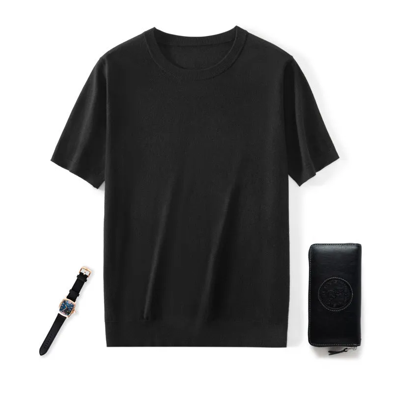 Men's thin knitted wool short sleeve casual shirt in loose fit design