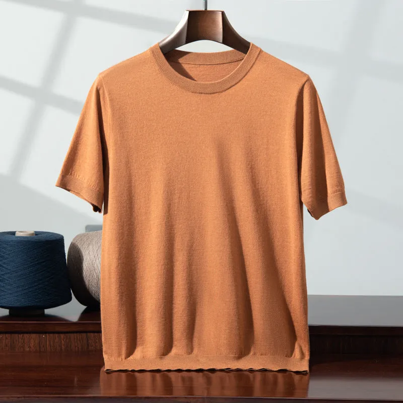 Men's thin knitted wool short sleeve casual shirt in loose fit design