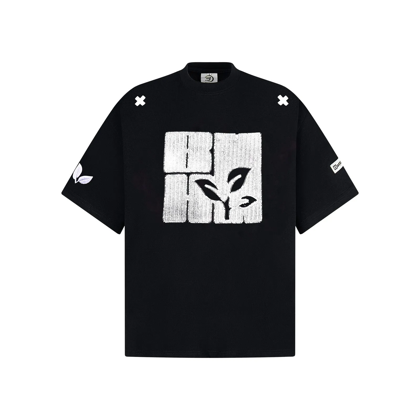 Cotton embroidery letter T-shirt for men, short-sleeve loose fit pullover in black, blue, melange gray