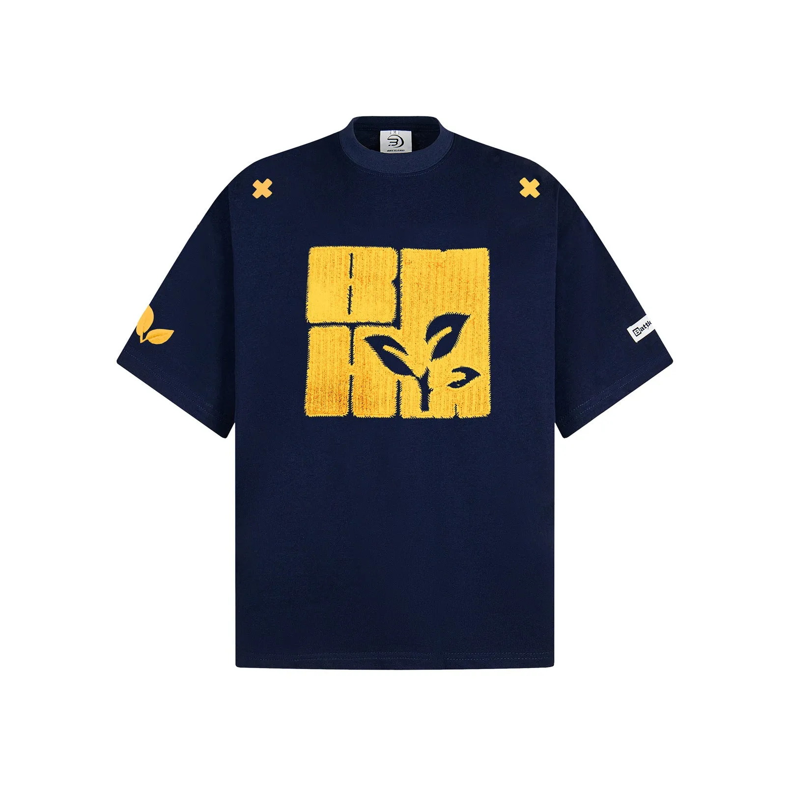 Cotton embroidery letter T-shirt for men, short-sleeve loose fit pullover in black, blue, melange gray
