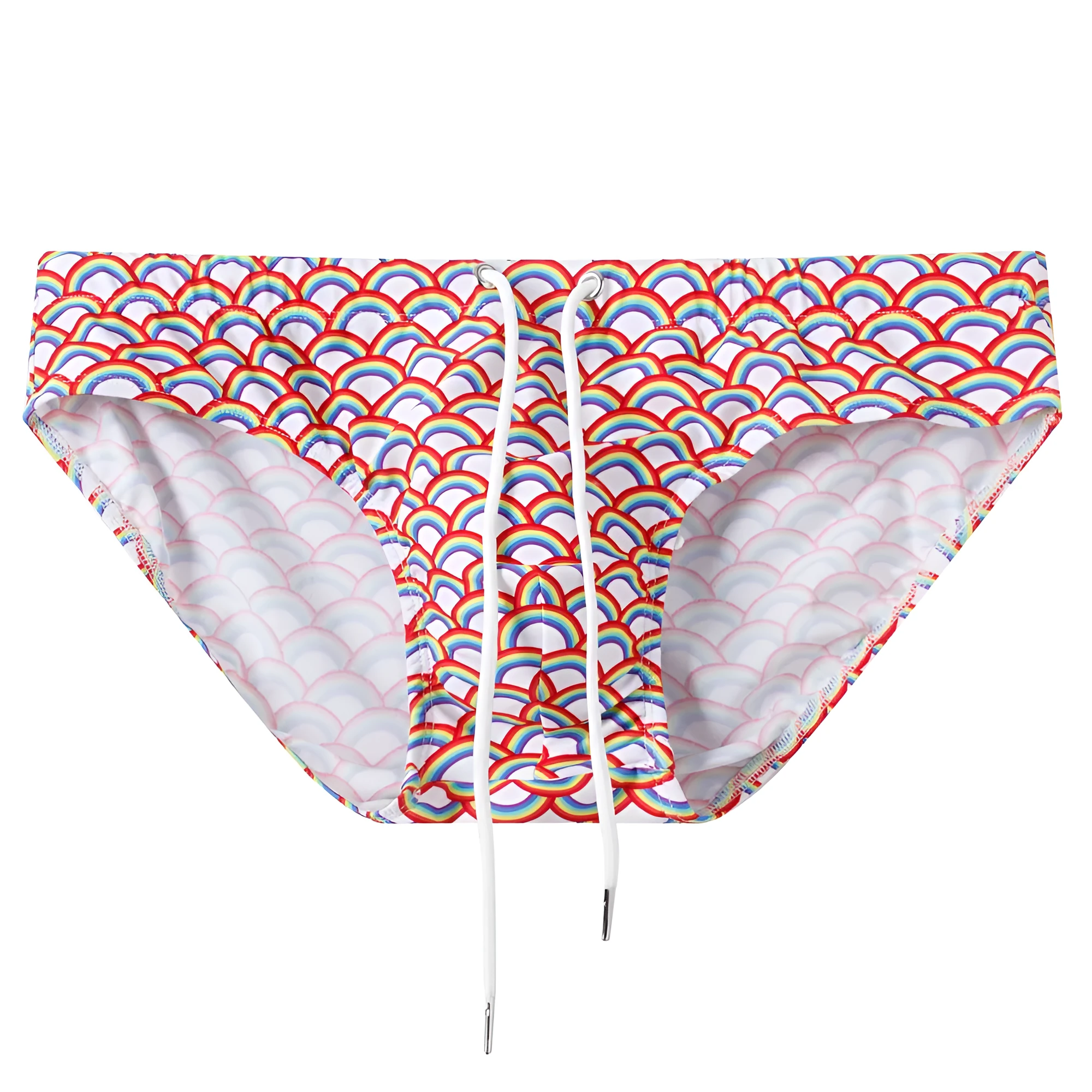 Men's low waist triangle nylon swimming trunks in solid colour with pattern, front view