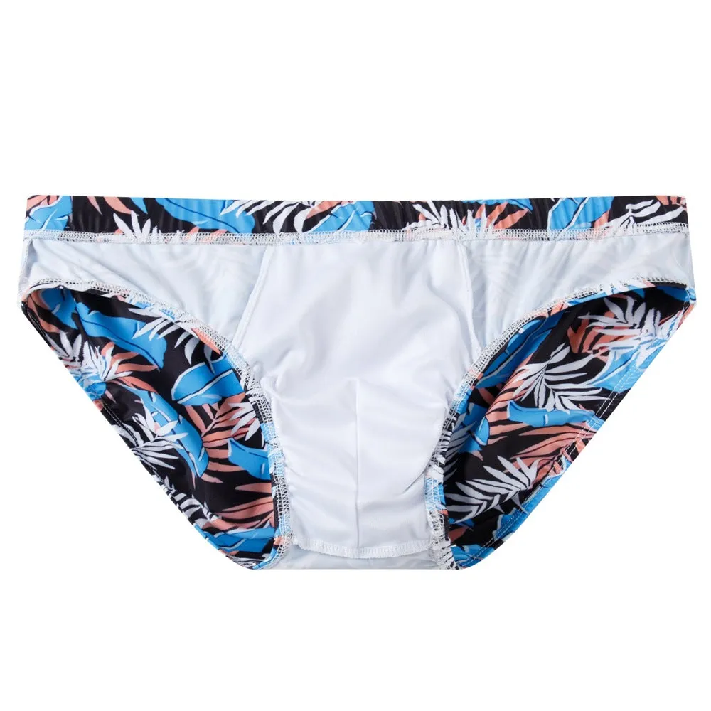 Men's low waist triangle nylon swimming trunks in solid colour with pattern, front view