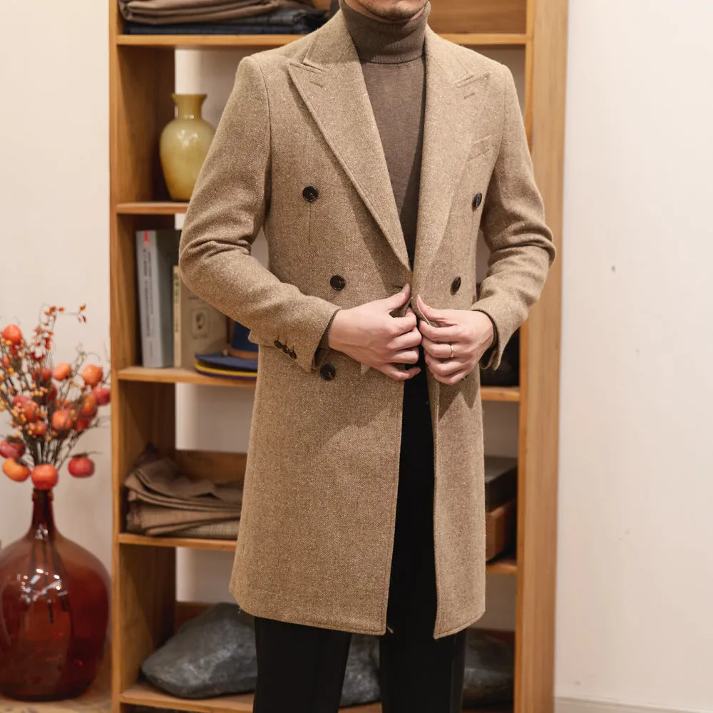 Brown double breasted wool blend slim fit jacket for men with side pockets and straight hem