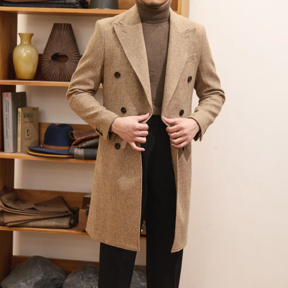 Brown double breasted wool blend slim fit jacket for men with side pockets and straight hem