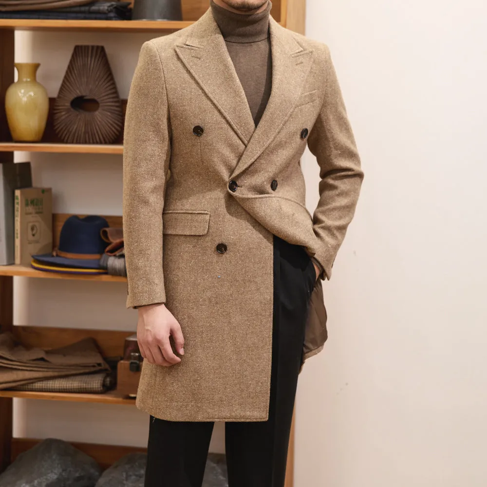 Brown double breasted wool blend slim fit jacket for men with side pockets and straight hem