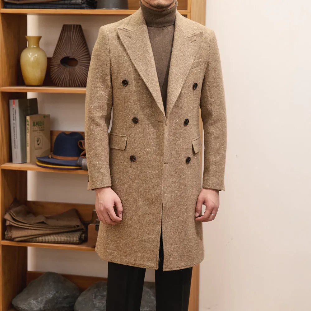 Brown double breasted wool blend slim fit jacket for men with side pockets and straight hem