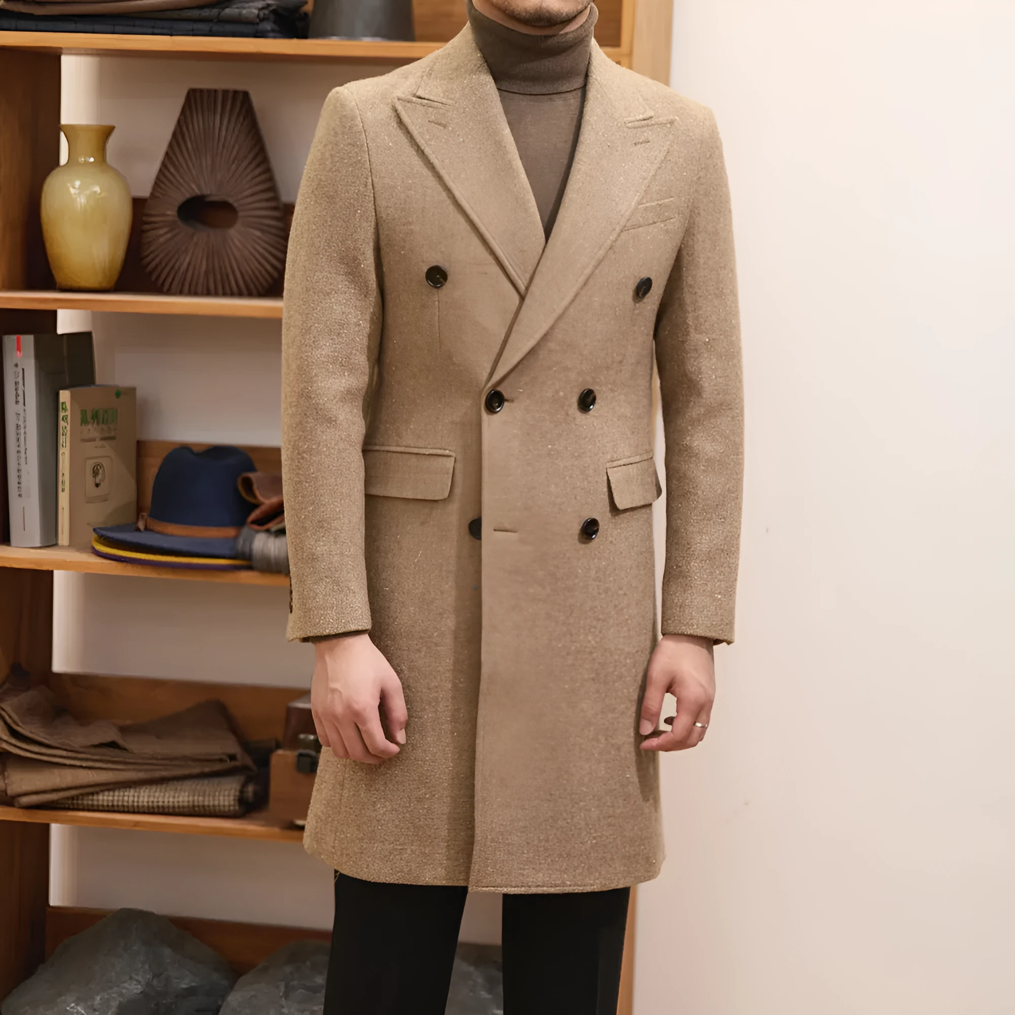 Brown double breasted wool blend slim fit jacket for men with side pockets and straight hem