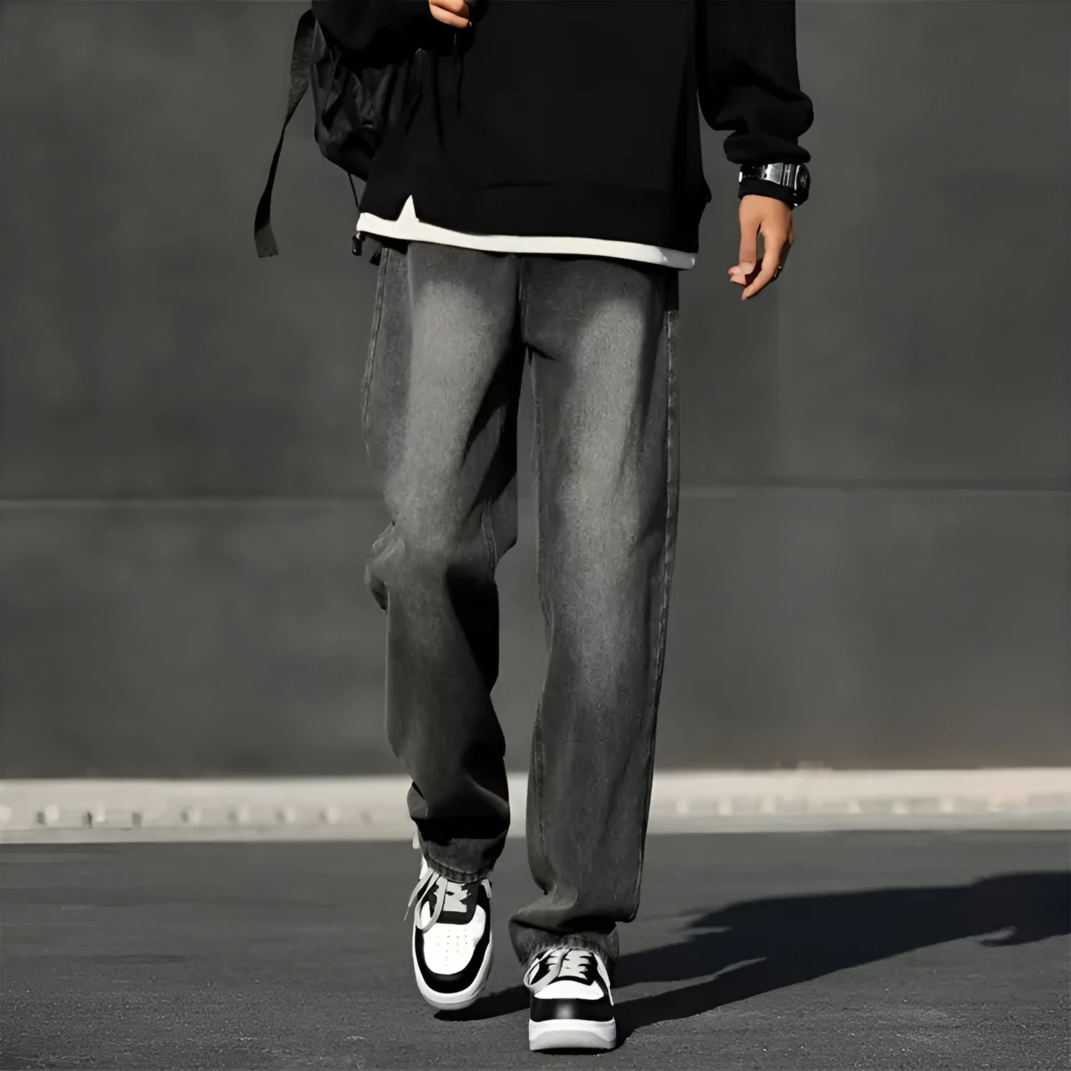 Men's winter jeans with wool lining standard gray colour polyester blend leisure trousers