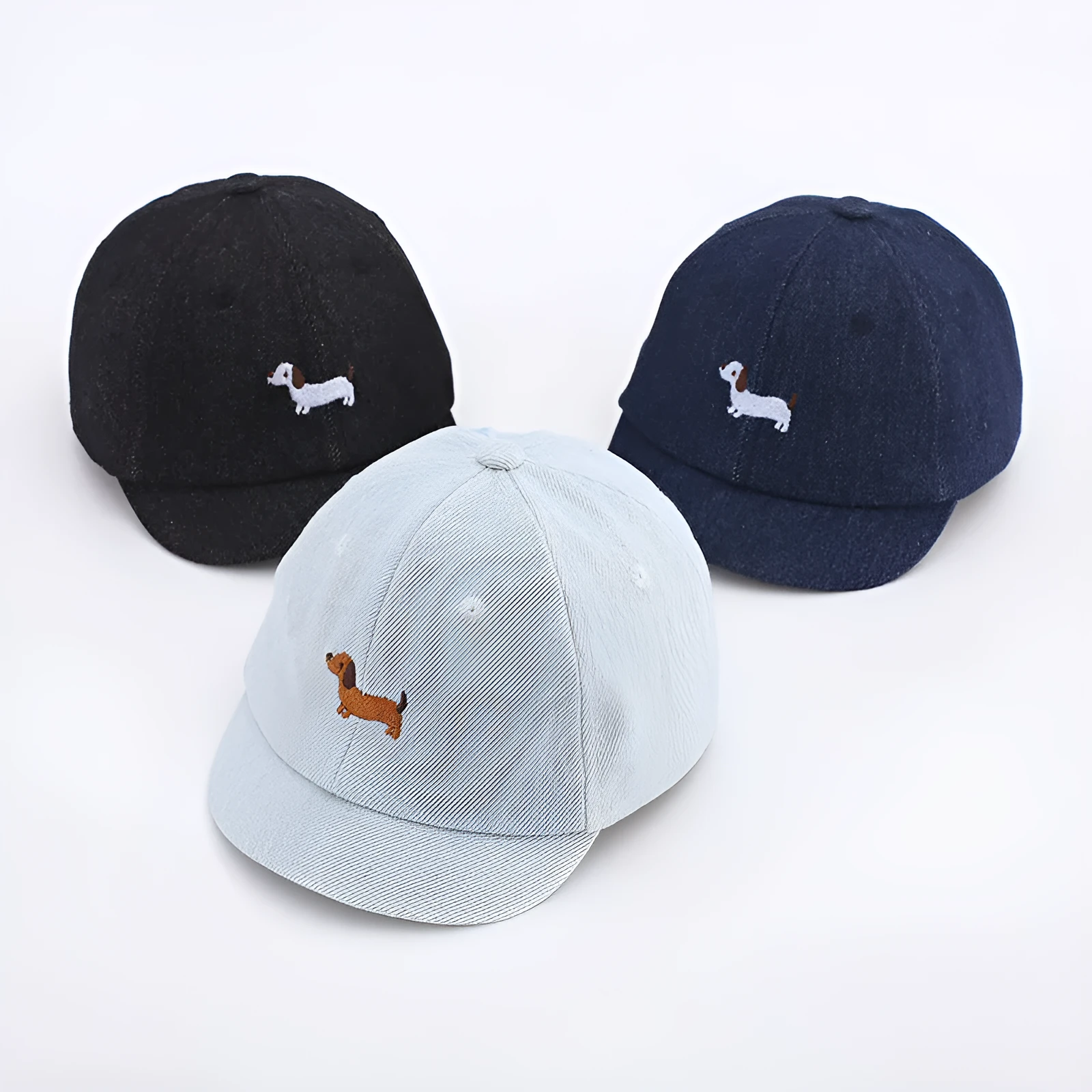 Denim puppy print baseball cap for babies with dome crown and short brim in black, dark blue, or light blue
