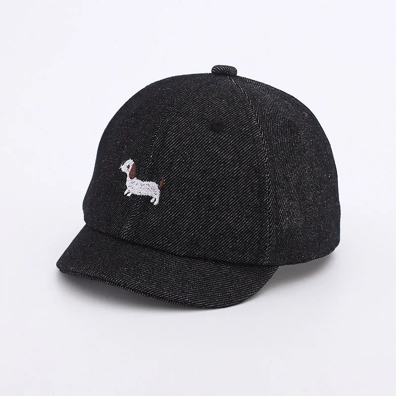 Denim puppy print baseball cap for babies with dome crown and short brim in black, dark blue, or light blue