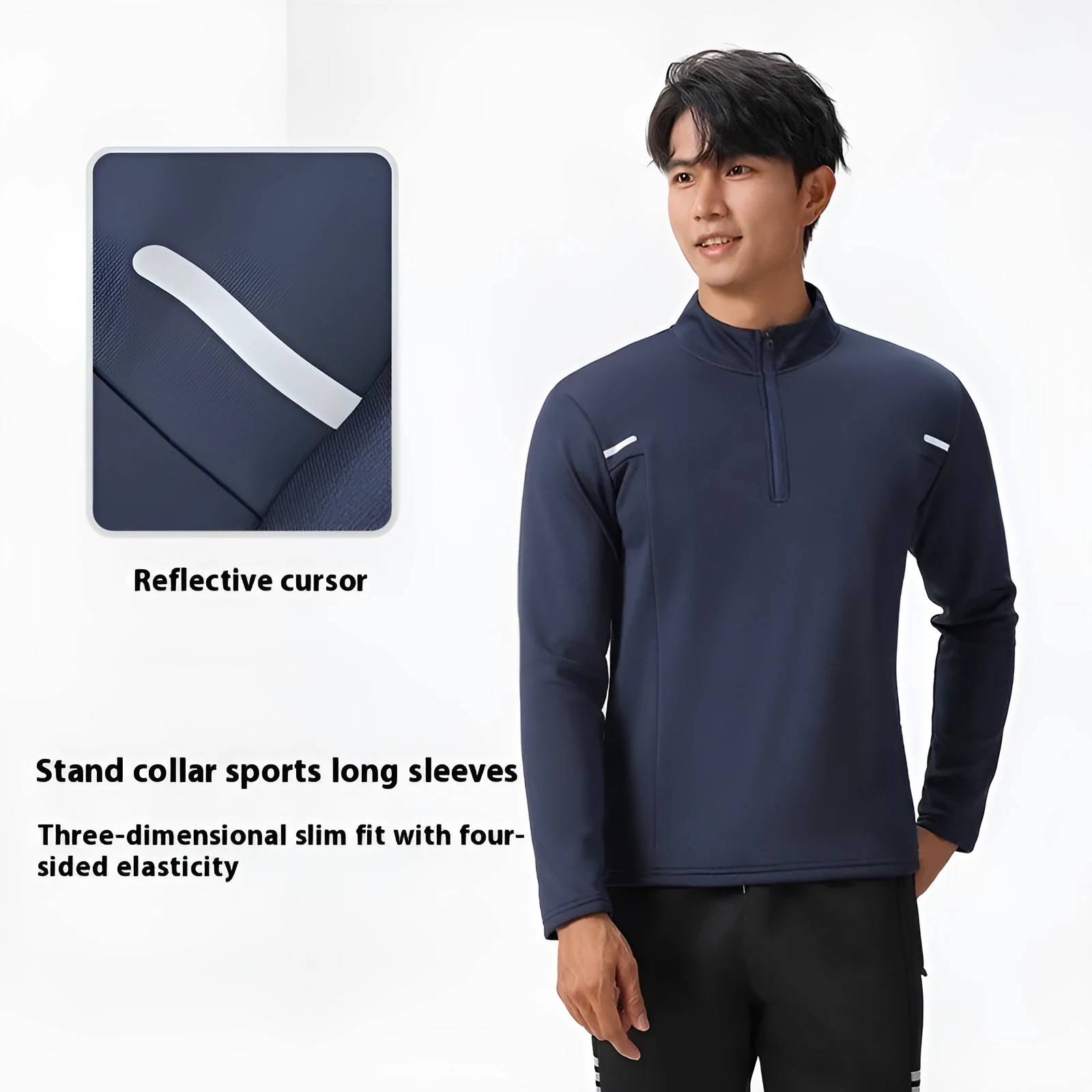 Men's half zip windproof quick dry training top in black, long sleeve, fleece lined, polyester fabric