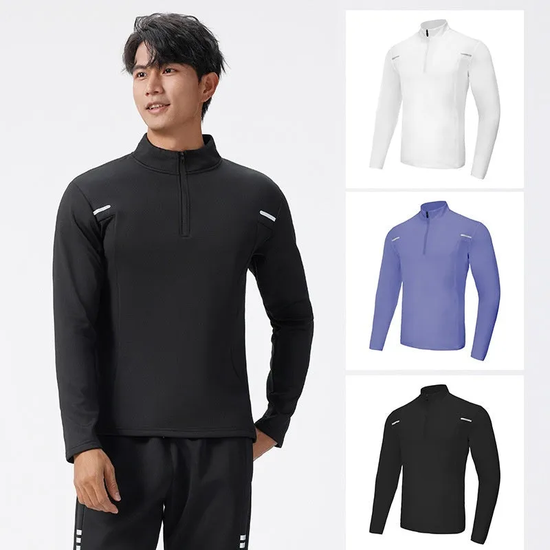 Men's half zip windproof quick dry training top in black, long sleeve, fleece lined, polyester fabric