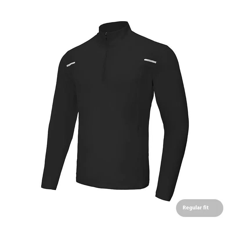 Men's half zip windproof quick dry training top in black, long sleeve, fleece lined, polyester fabric