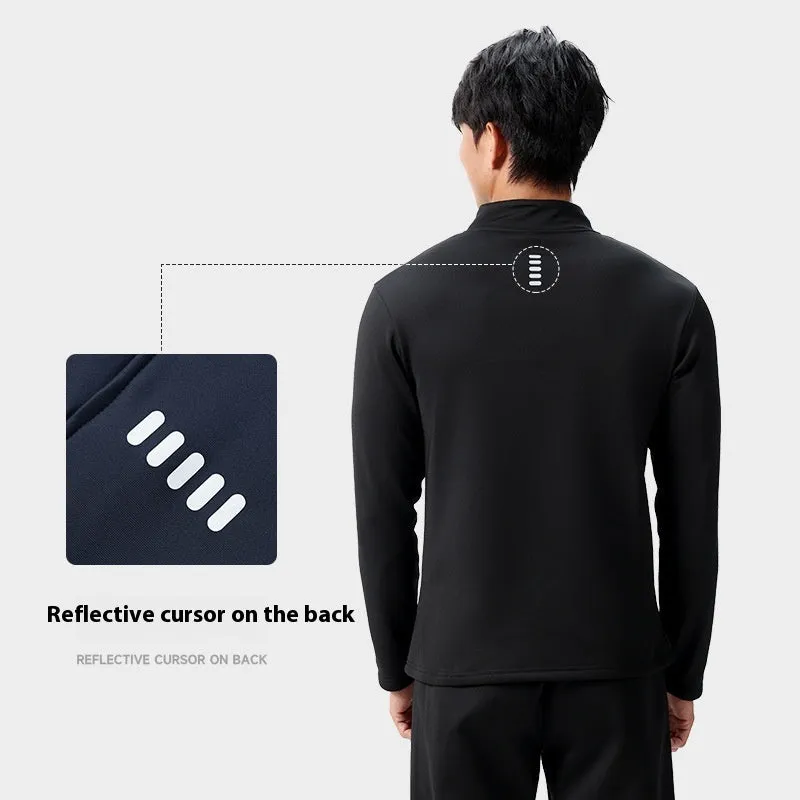 Men's half zip windproof quick dry training top in black, long sleeve, fleece lined, polyester fabric