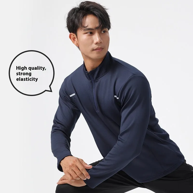 Men's half zip windproof quick dry training top in black, long sleeve, fleece lined, polyester fabric