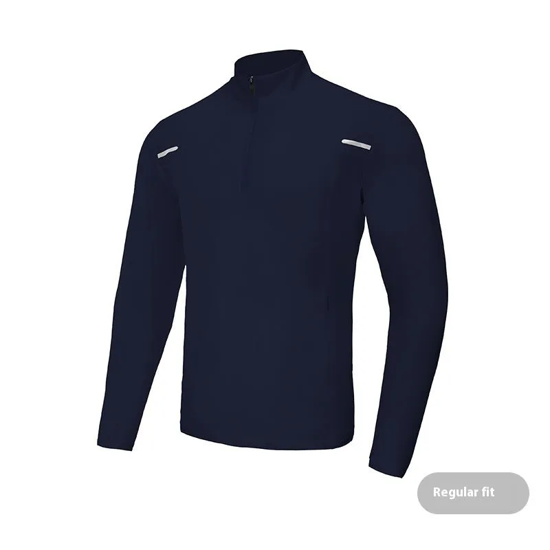 Men's half zip windproof quick dry training top in black, long sleeve, fleece lined, polyester fabric