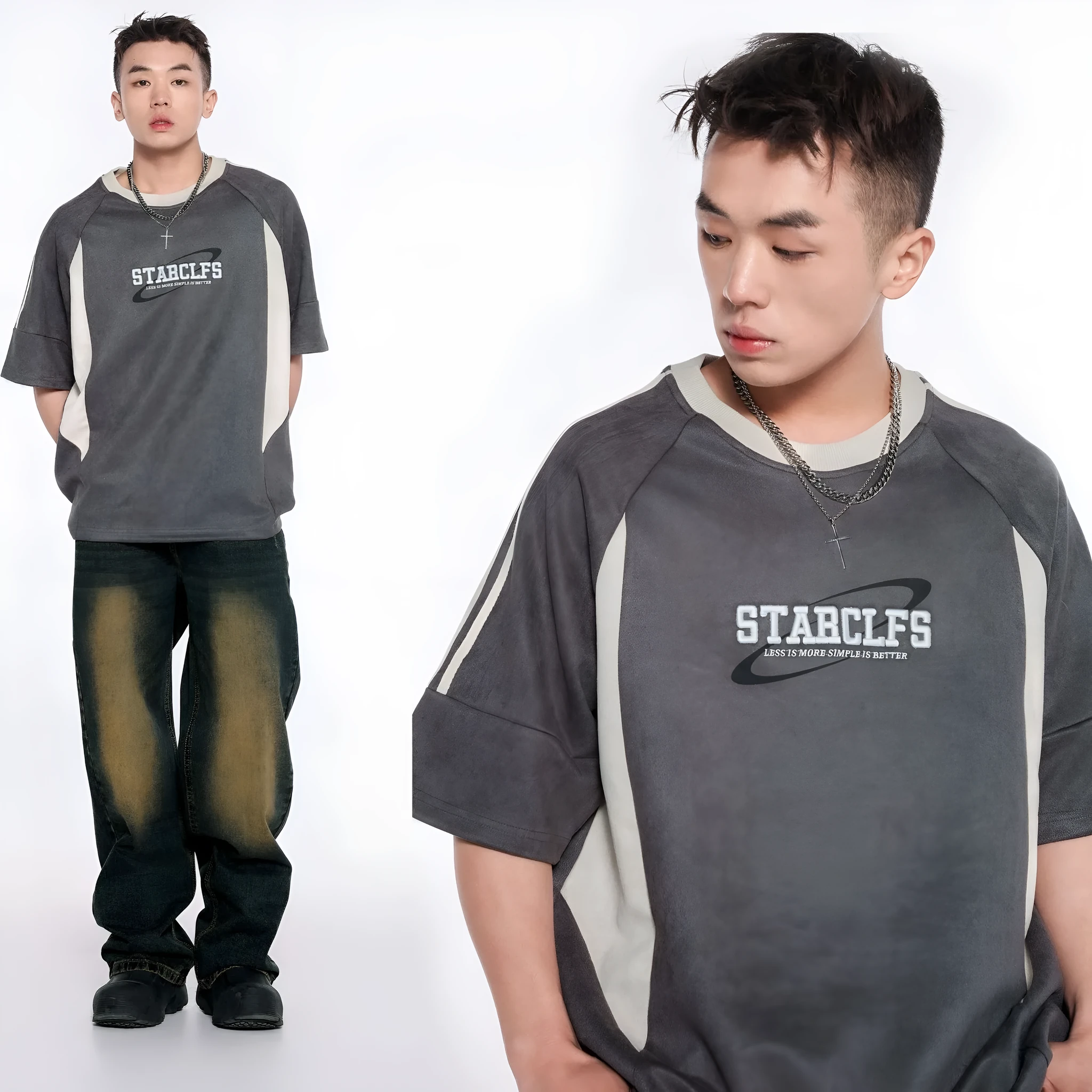 Men's Loose Short-sleeved T-shirt With Letter Embroidery Design, Polyester Fiber, Pullover Style, Available in Gray, Pink, Dark Khaki, Sizes M L XL for Casual Leisure Wear, American Retro Look