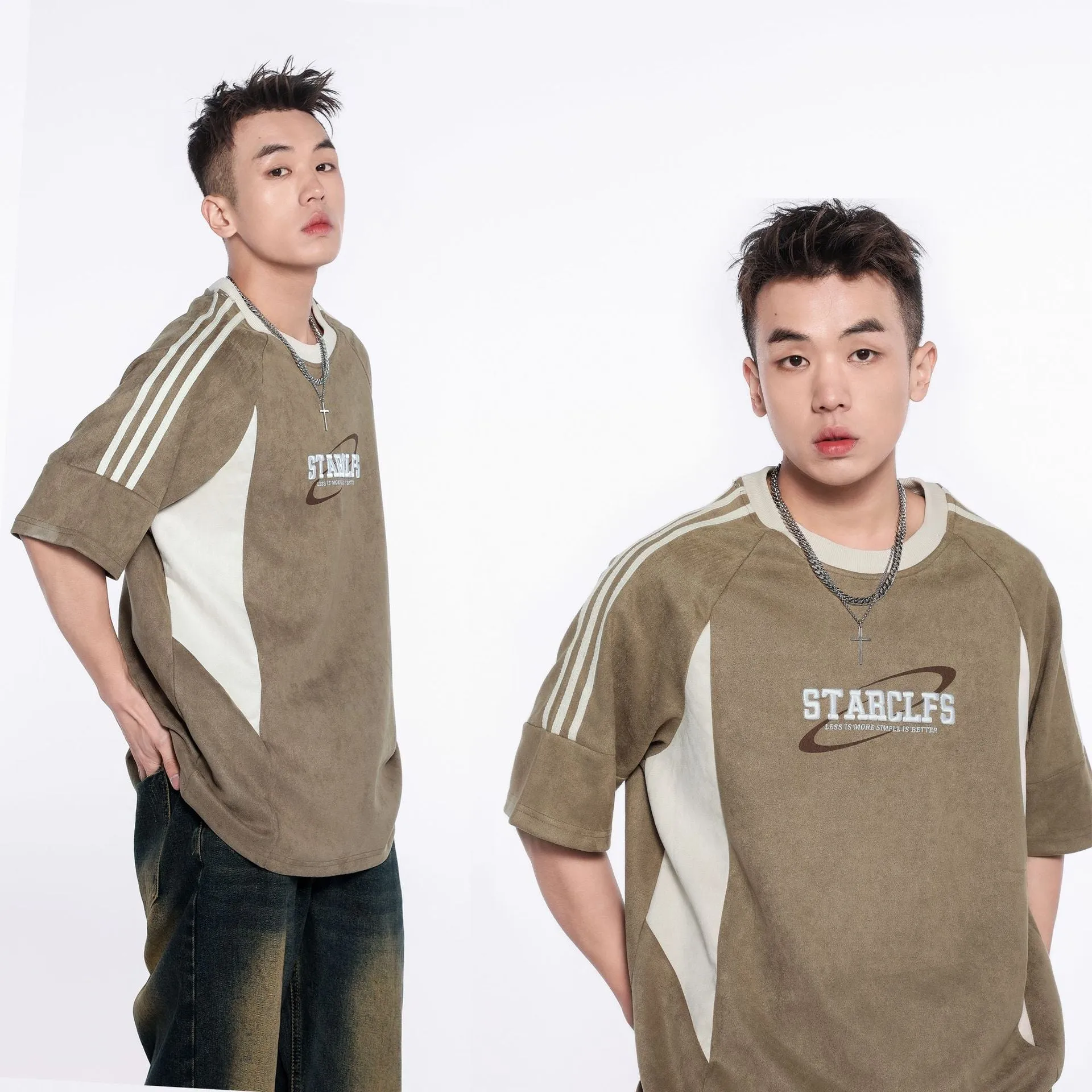 Men's Loose Short-sleeved T-shirt With Letter Embroidery Design, Polyester Fiber, Pullover Style, Available in Gray, Pink, Dark Khaki, Sizes M L XL for Casual Leisure Wear, American Retro Look