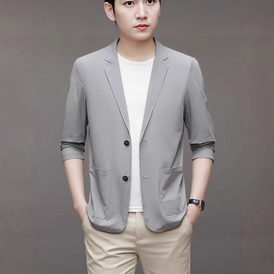 Ice silk men's lightweight casual stretch suit jacket in black with non-iron polyester fabric
