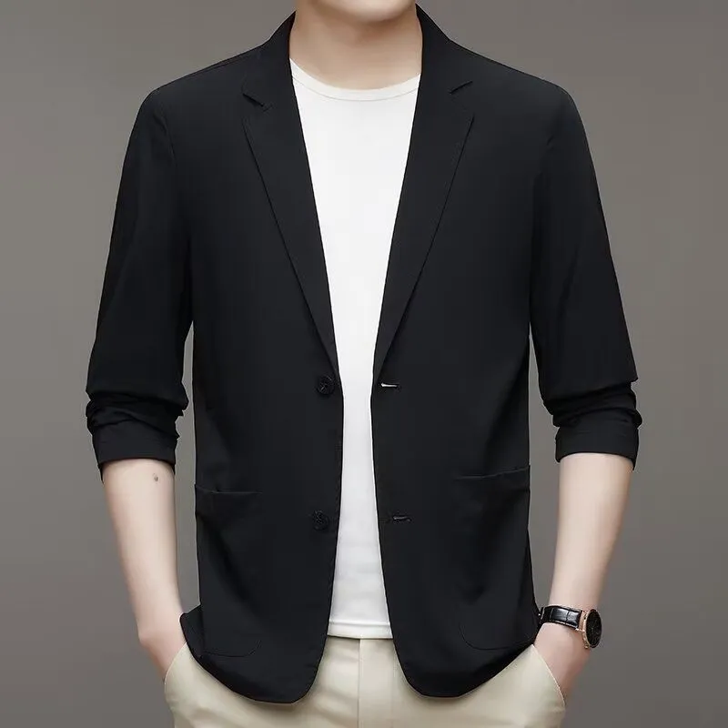 Ice silk men's lightweight casual stretch suit jacket in black with non-iron polyester fabric